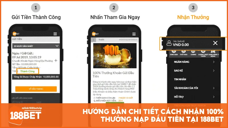 Hướng dẫn chi tiết cách nhận 100% thưởng nạp đầu tiên tại 188BET