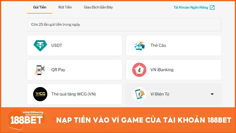 Nạp tiền vào ví game tài khoản 188BET